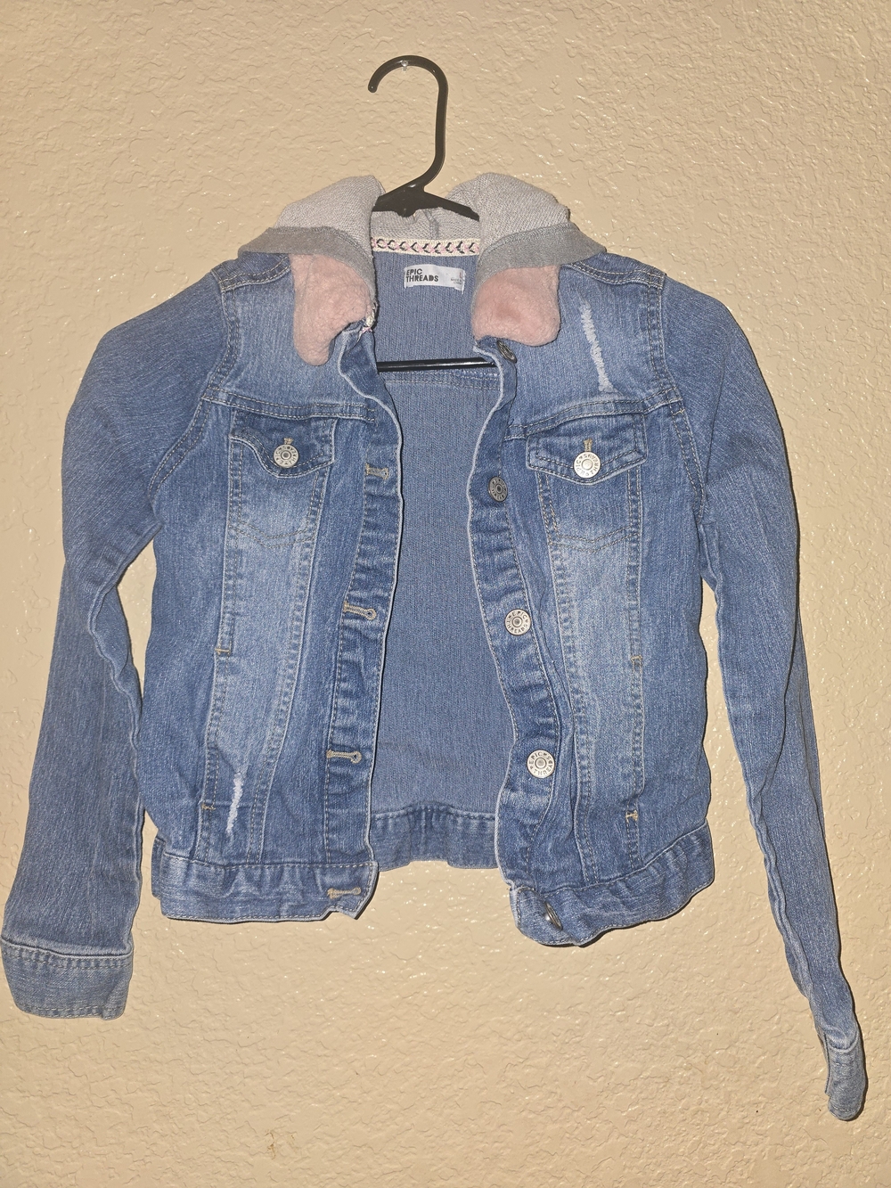 Epic Threads Girls Size L Denim Jacket Hooded Pink Fleece Distressed Jean Jacket